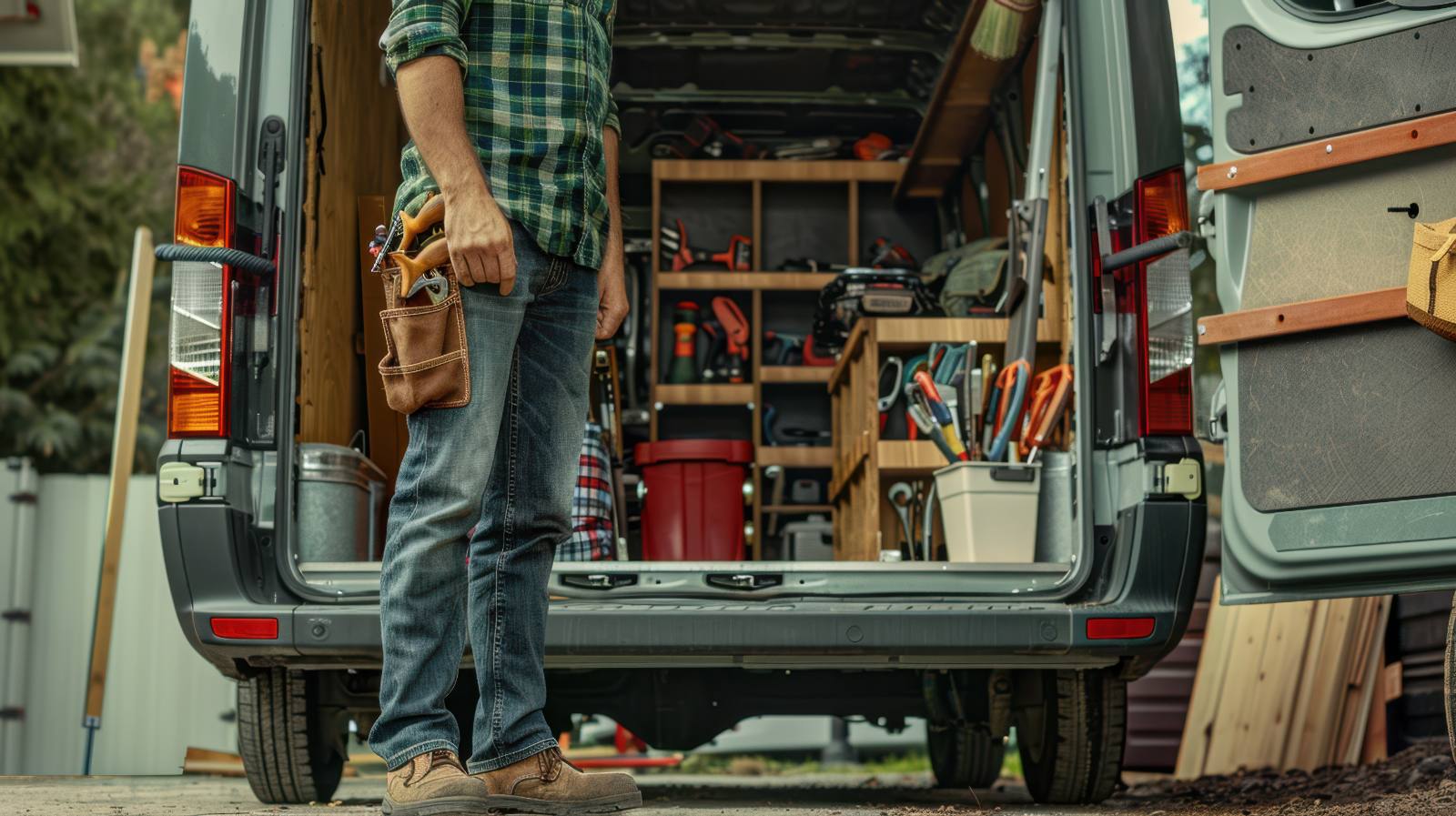 Tradesman holding tool belt standing in organized work van with wooden shelving and equipment
